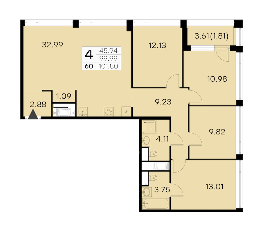 4-комнатная квартира 101.8 м², 17/19 эт., ЖК «GloraX Aura Vasileostrovsky»